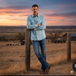 Wrangler Pearl Snap Long Sleeve Shirt Men 2XT Tall 2XLT Teal Blue Plaid Cowboy